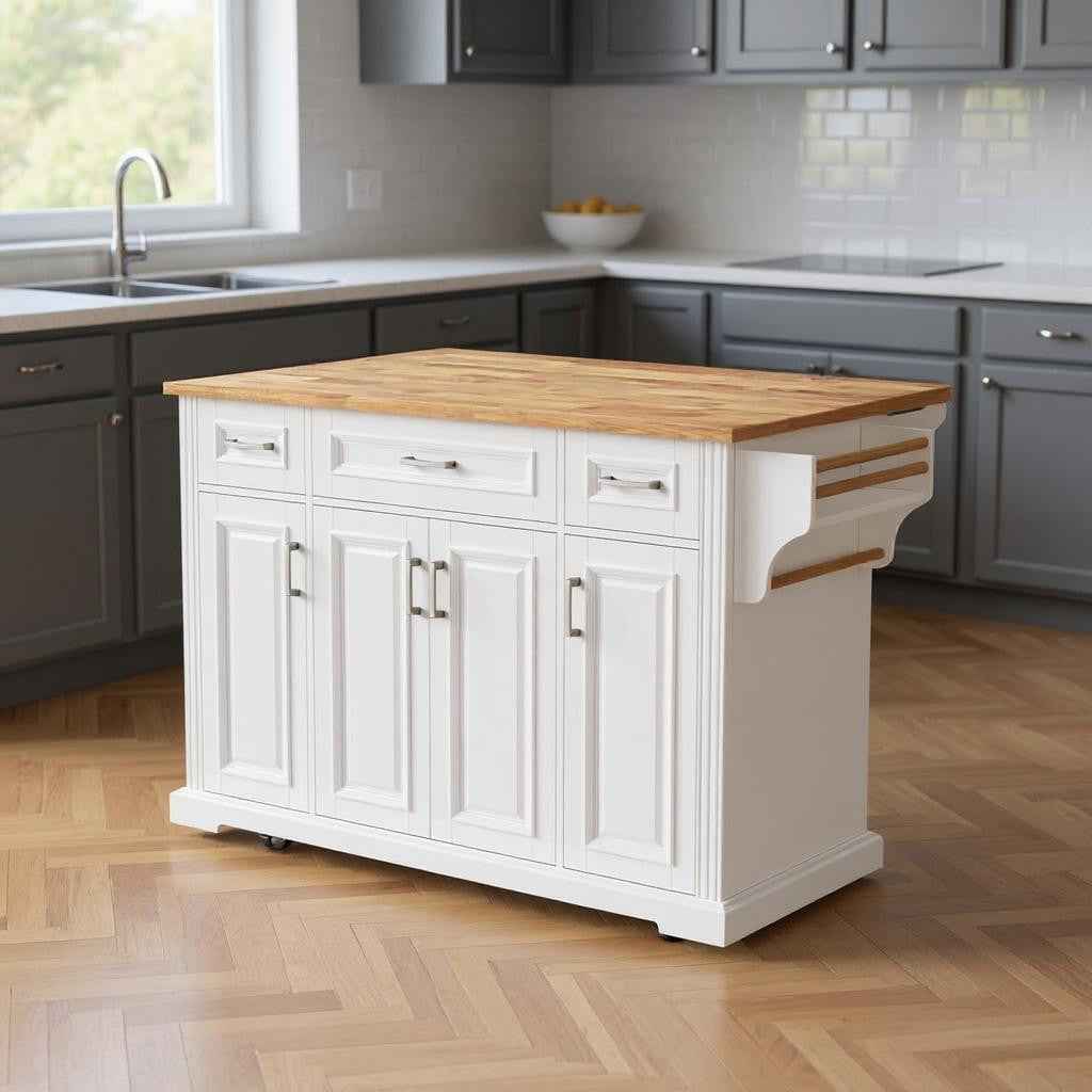 54" White Wood Rolling Kitchen Island With Storage