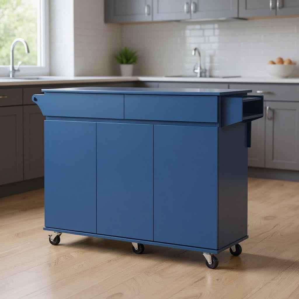 53" Navy Blue Wood Rolling Kitchen Island