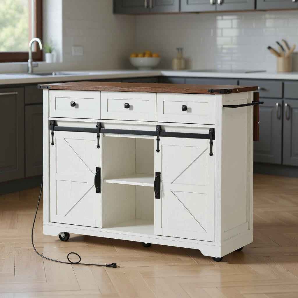 54" White Wood Rolling Kitchen Island