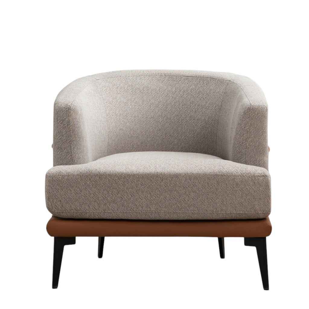 29" Beige Terra Cotta and Black Linen Upholstered Wood Barrel Chair