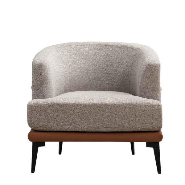 29" Beige Terra Cotta and Black Linen Upholstered Wood Barrel Chair