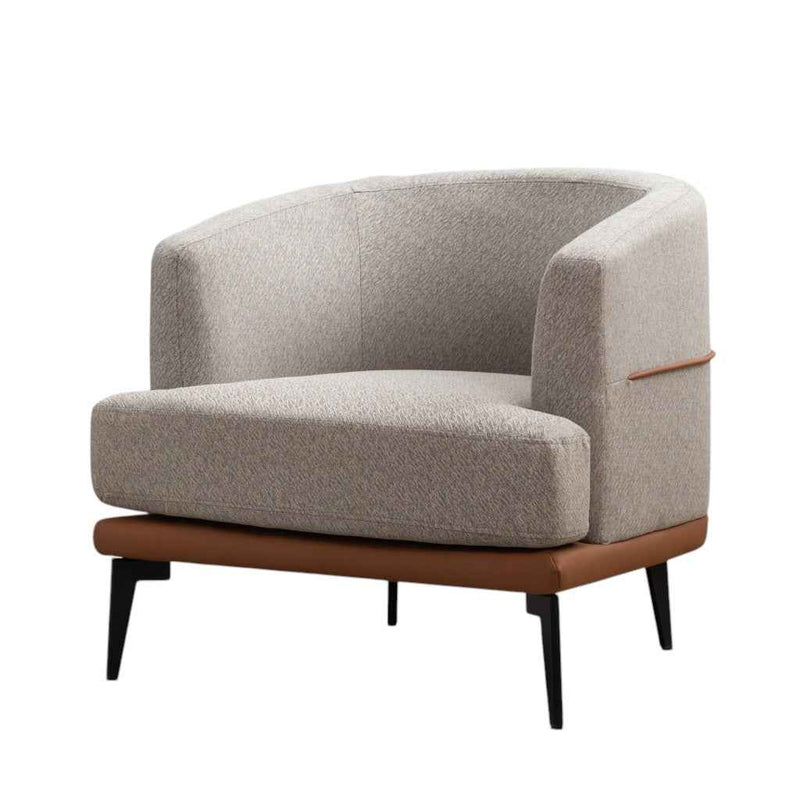 29" Beige Terra Cotta and Black Linen Upholstered Wood Barrel Chair