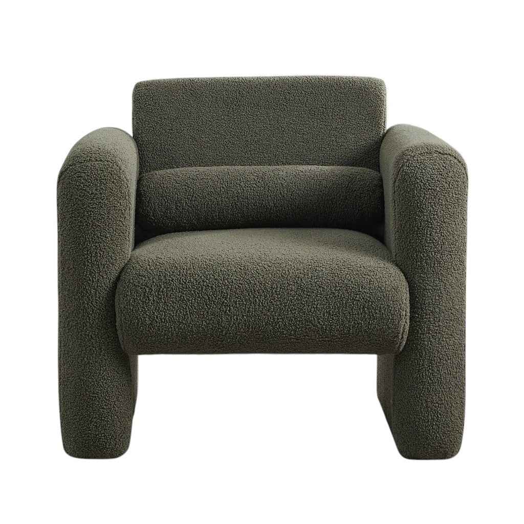 31" Olive Green Boucle Upholstered Arm Chair And Toss Pillow