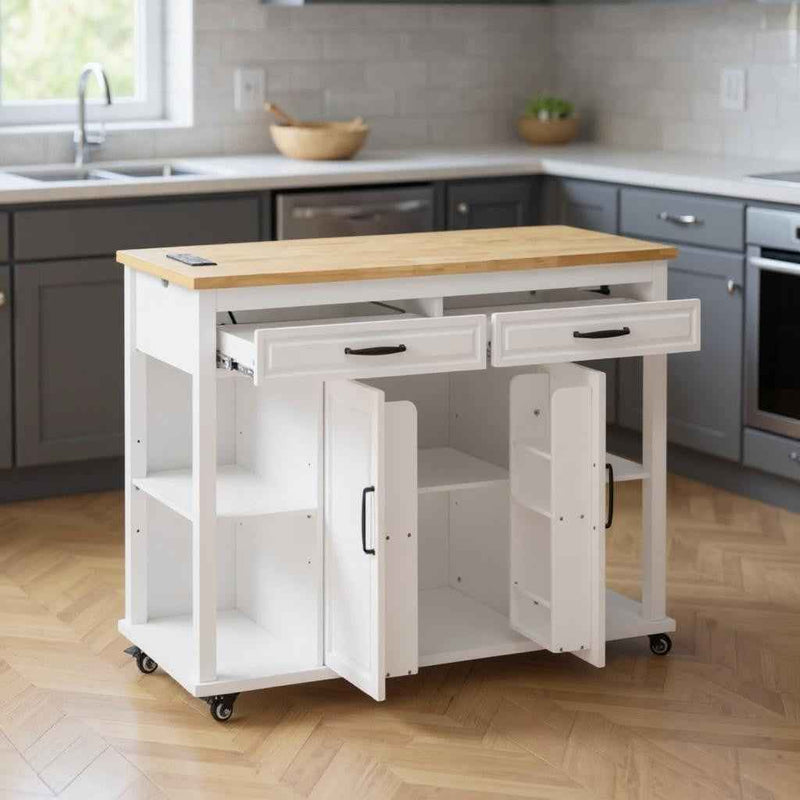 47" White Wood Rolling Kitchen Island With Storage