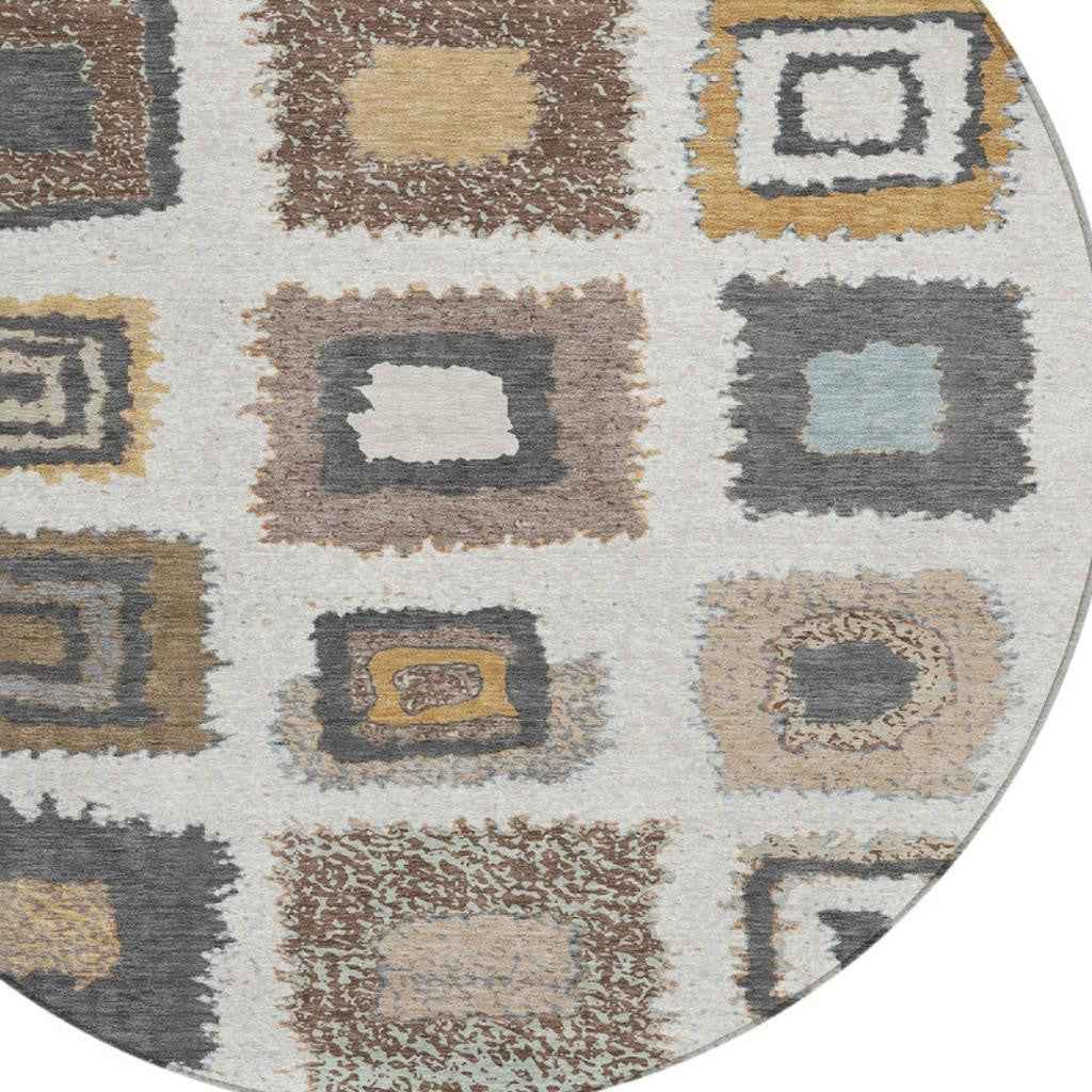 8' Ivory Charcoal And Gold Round Geometric Washable Indoor Outdoor Area Rug