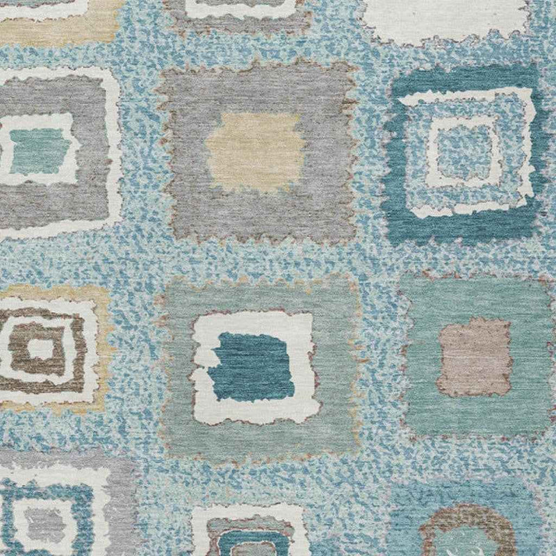 9' X 12' Teal Blue Beige And Ivory Geometric Washable Indoor Outdoor Area Rug