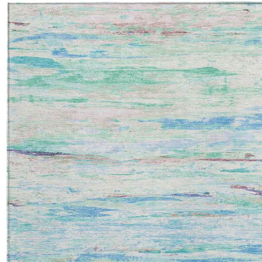 10' X 14' Teal Blue And Ivory Abstract Washable Indoor Outdoor Area Rug