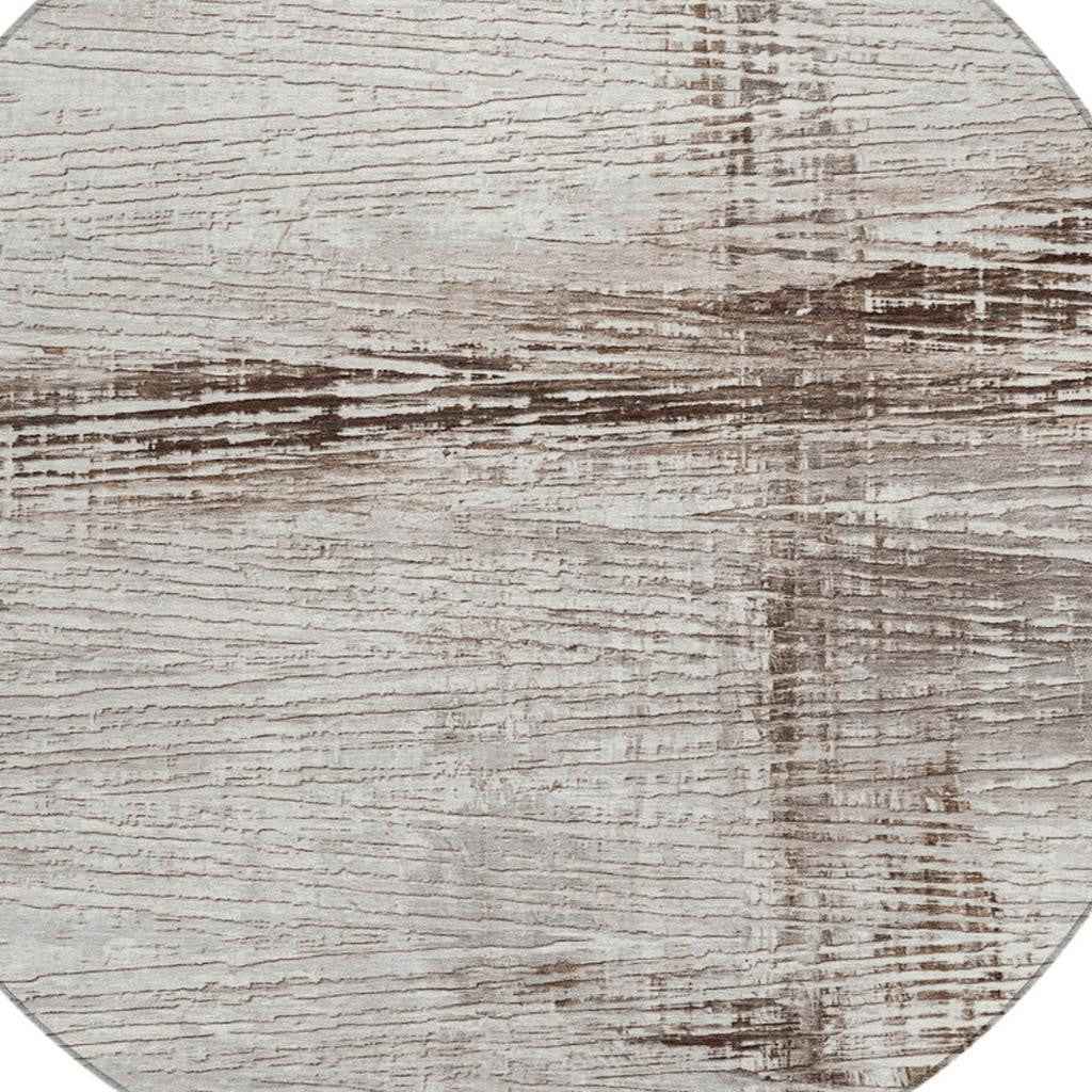 8' Taupe And Ivory Round Striped Washable Indoor Outdoor Area Rug