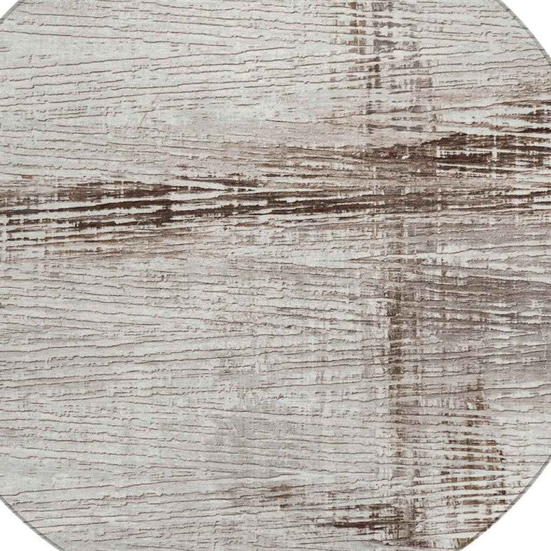 8' Taupe And Ivory Round Striped Washable Indoor Outdoor Area Rug