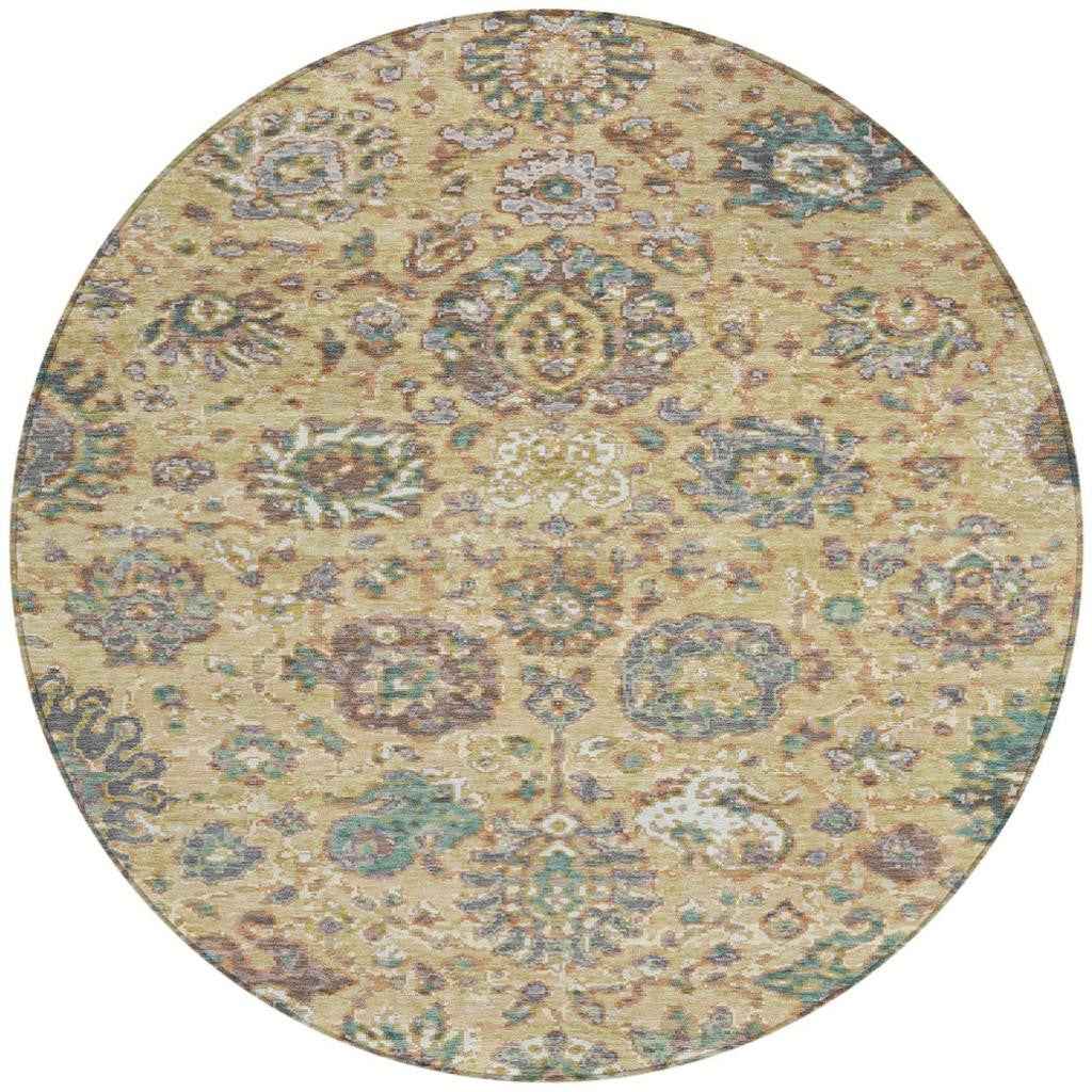 8' Gold Beige And Pale Aqua Round Floral Washable Indoor Outdoor Area Rug