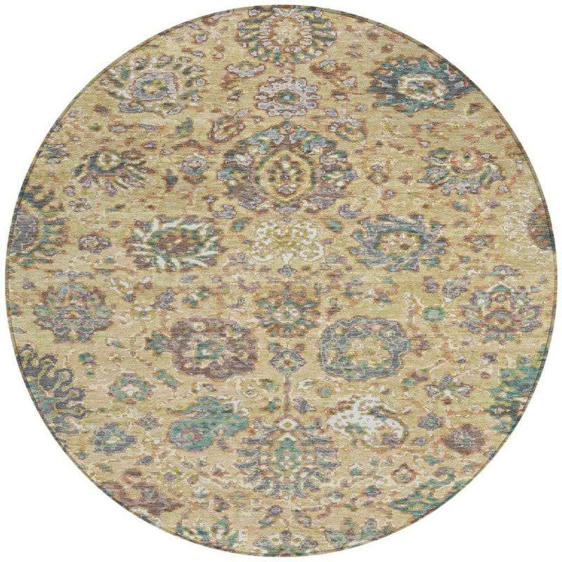 8' Gold Beige And Pale Aqua Round Floral Washable Indoor Outdoor Area Rug