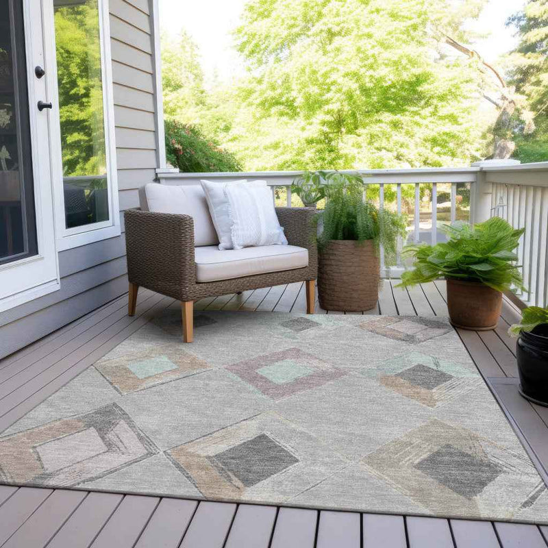 8' X 10' Gray Beige And Taupe Geometric Washable Indoor Outdoor Area Rug