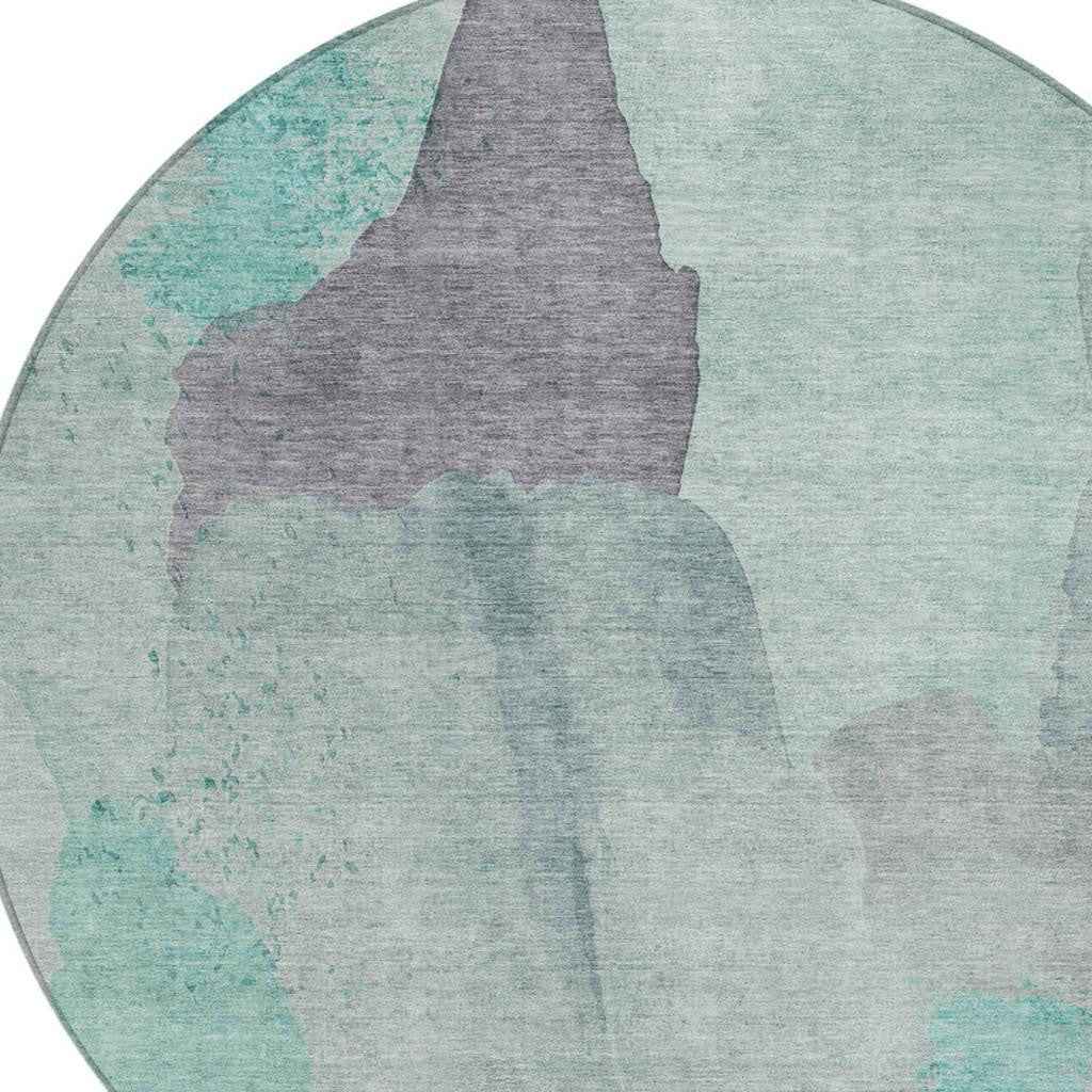 8' Teal Blue And Aqua Round Abstract Washable Indoor Outdoor Area Rug