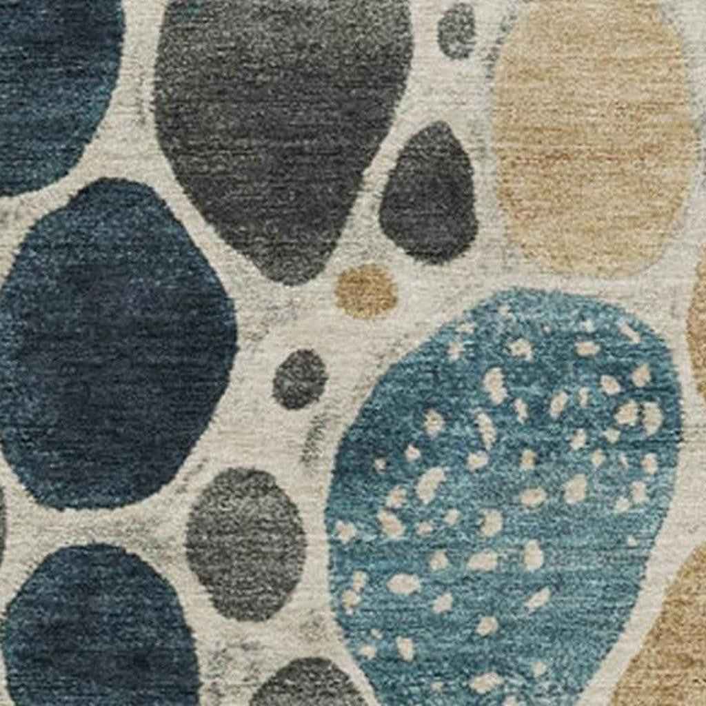 9' X 12' Teal Blue Beige And Ivory Geometric Washable Indoor Outdoor Area Rug