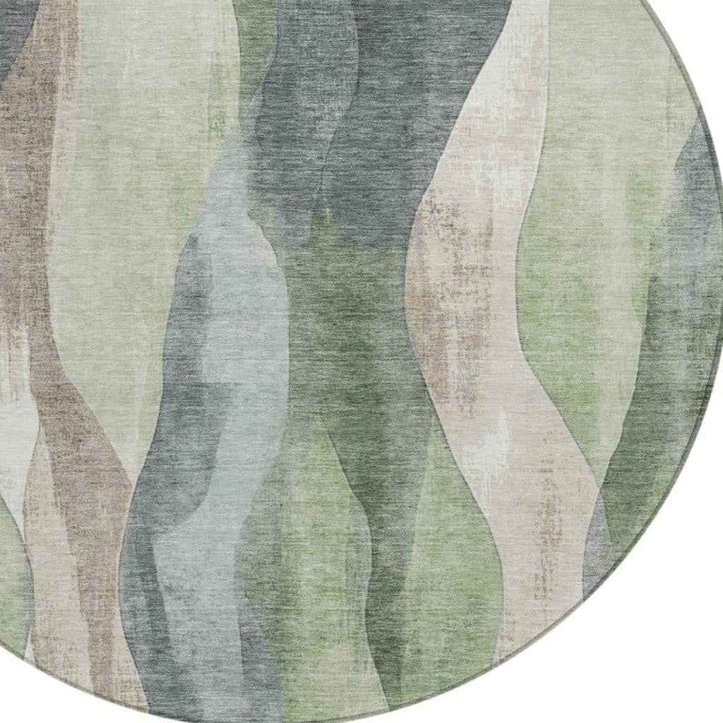 8' Fern Green And Gray Round Abstract Washable Indoor Outdoor Area Rug