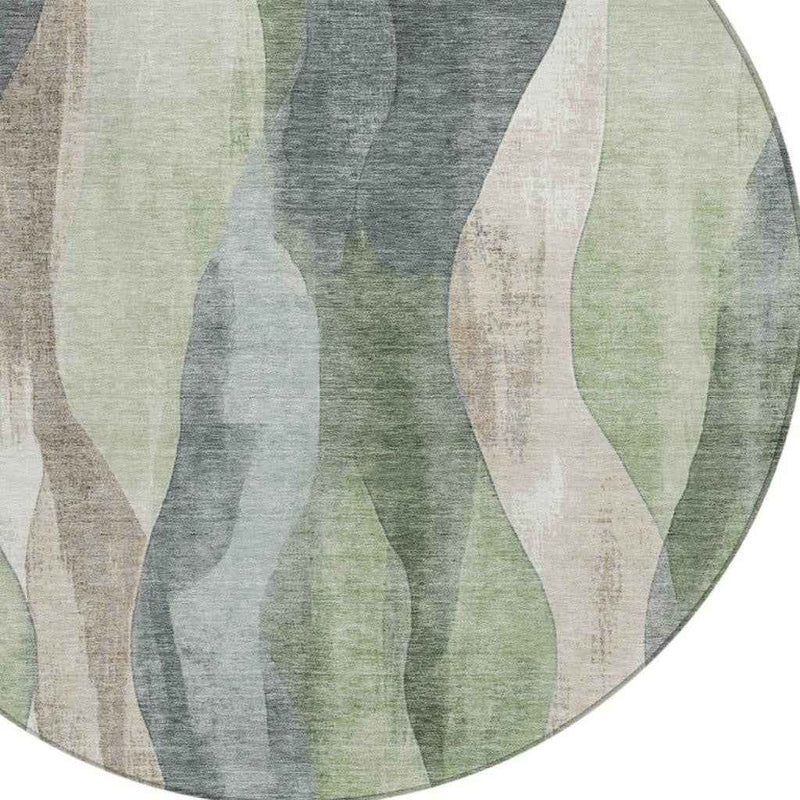 8' Fern Green And Gray Round Abstract Washable Indoor Outdoor Area Rug