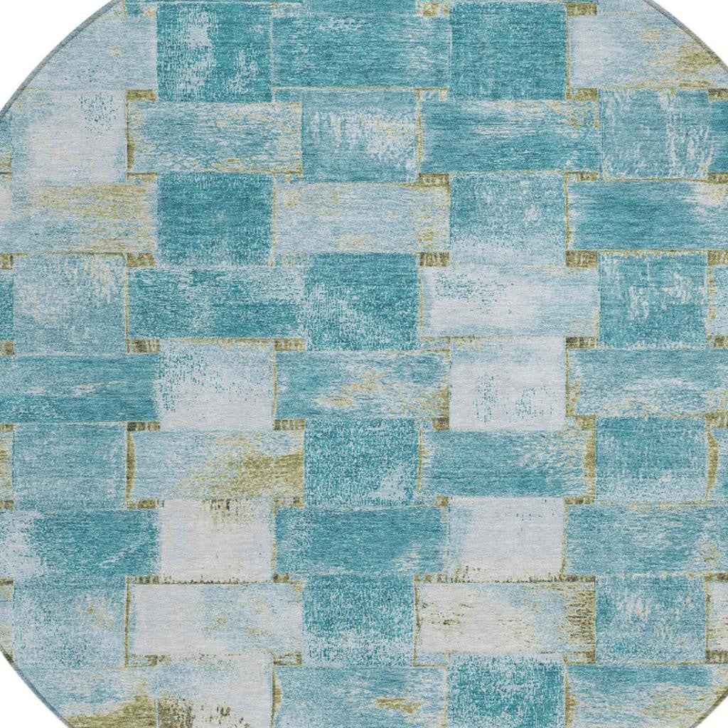 8' Teal Blue And Khaki Round Striped Washable Indoor Outdoor Area Rug
