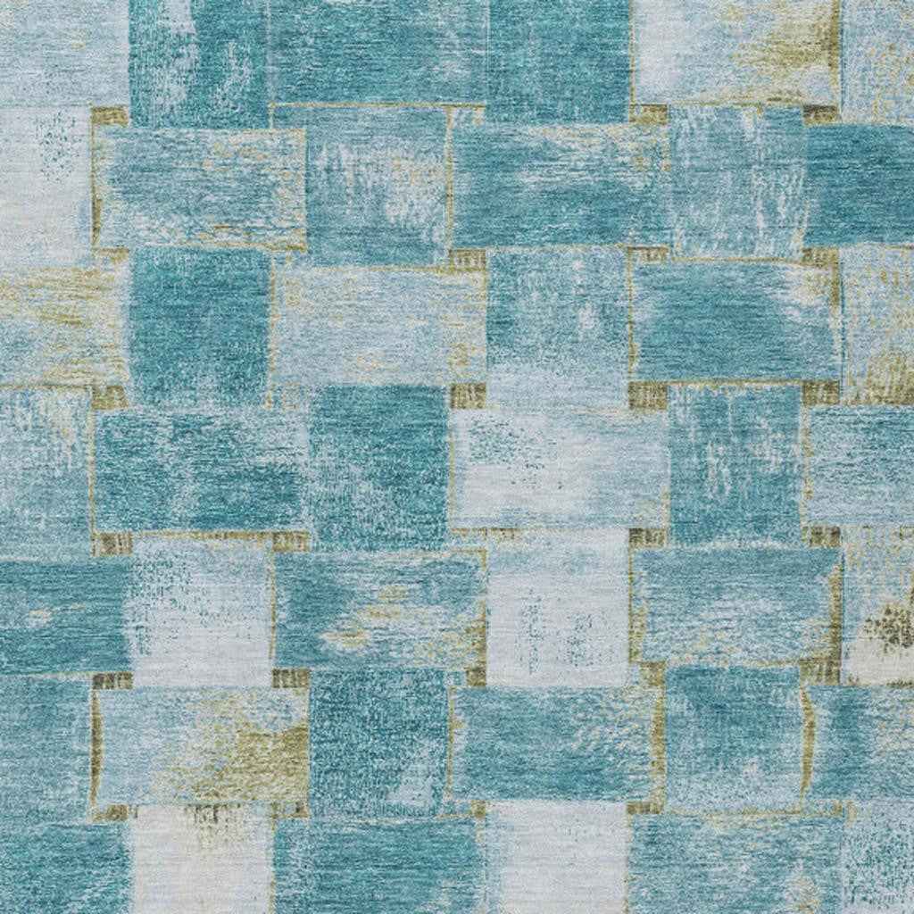8' X 10' Teal Blue And Khaki Striped Washable Indoor Outdoor Area Rug