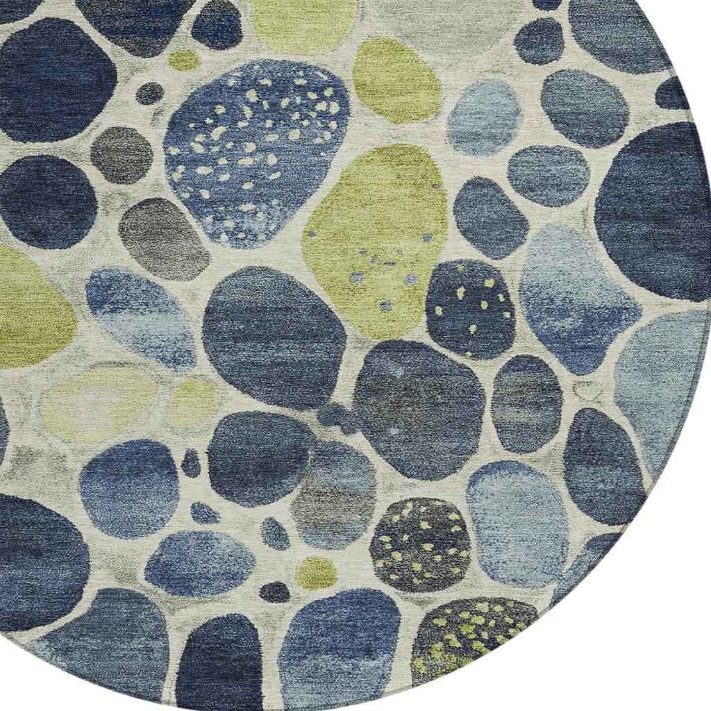 8' Denim Blue Ivory And Lime Green Round Geometric Washable Indoor Outdoor Area Rug