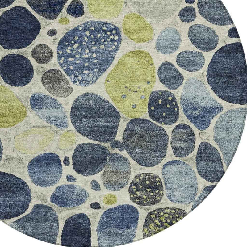 8' Denim Blue Ivory And Lime Green Round Geometric Washable Indoor Outdoor Area Rug