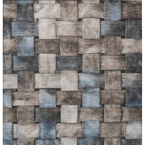 9' X 12' Taupe And Denim Blue Striped Washable Indoor Outdoor Area Rug