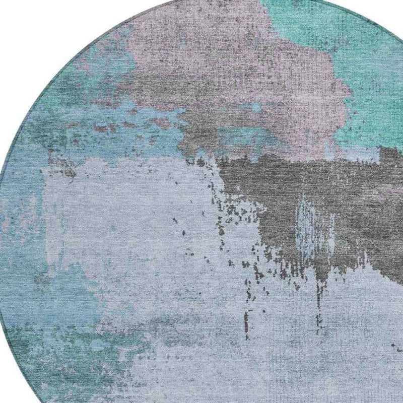8' Teal Blue Aqua And Taupe Round Abstract Washable Indoor Outdoor Area Rug