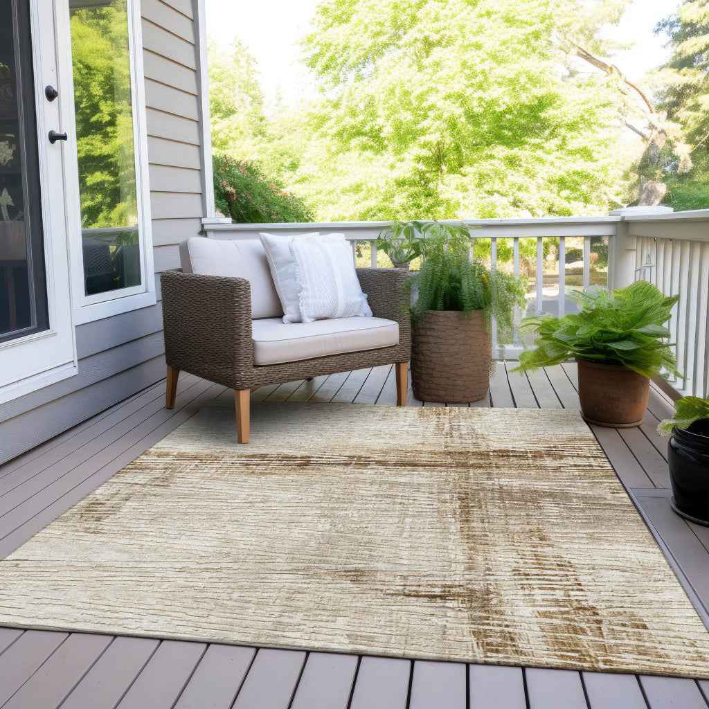 10' X 14' Ivory And Beige Striped Washable Indoor Outdoor Area Rug