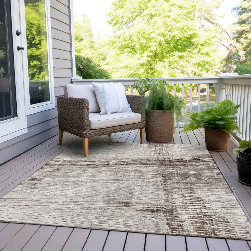 9' X 12' Taupe And Ivory Striped Washable Indoor Outdoor Area Rug