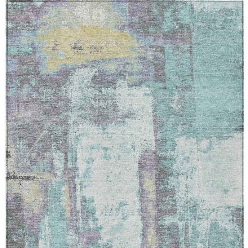 9' X 12' Teal Blue And Ivory Abstract Washable Indoor Outdoor Area Rug