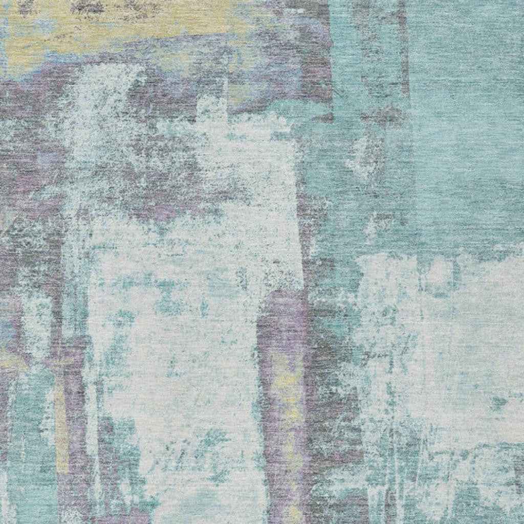 9' X 12' Teal Blue And Ivory Abstract Washable Indoor Outdoor Area Rug