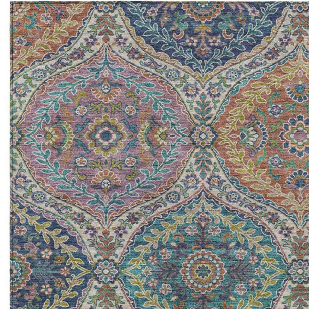 3' X 5' Blue Copper And Gold Floral Washable Indoor Outdoor Area Rug