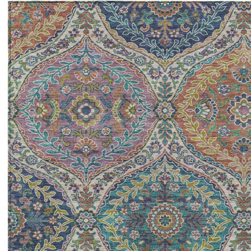 3' X 5' Blue Copper And Gold Floral Washable Indoor Outdoor Area Rug
