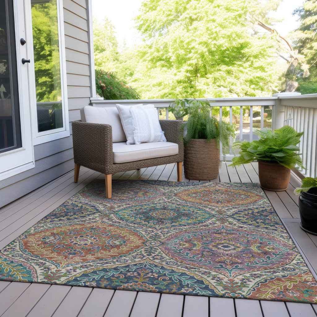 3' X 5' Blue Copper And Gold Floral Washable Indoor Outdoor Area Rug