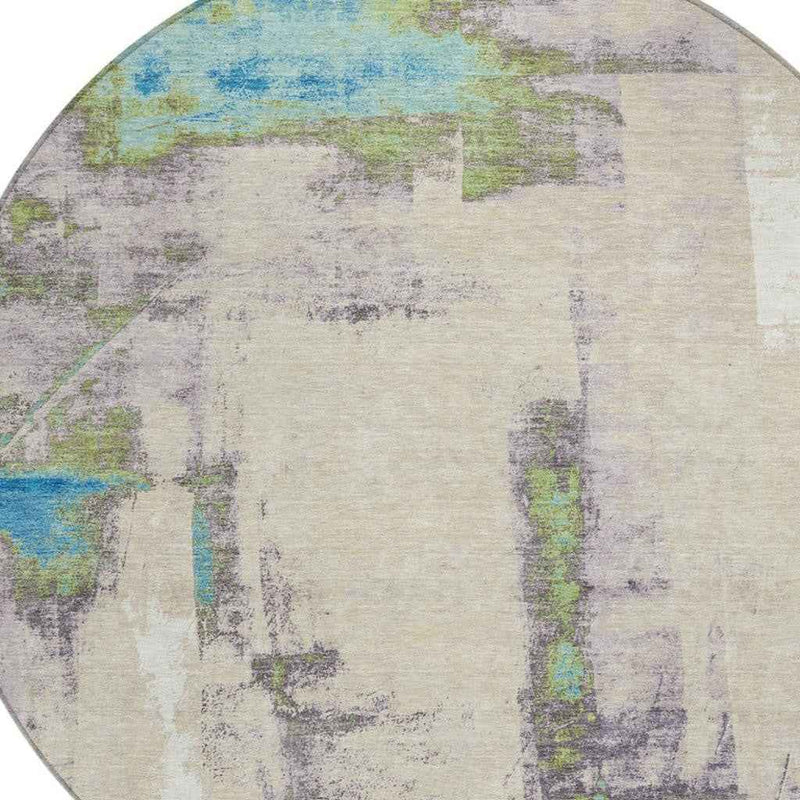 8' Linen And Fern Green Round Abstract Washable Indoor Outdoor Area Rug