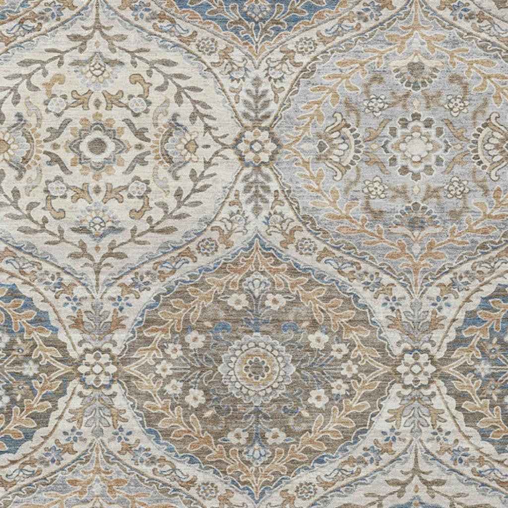 9' X 12' Beige Gold And Denim Blue Floral Washable Indoor Outdoor Area Rug