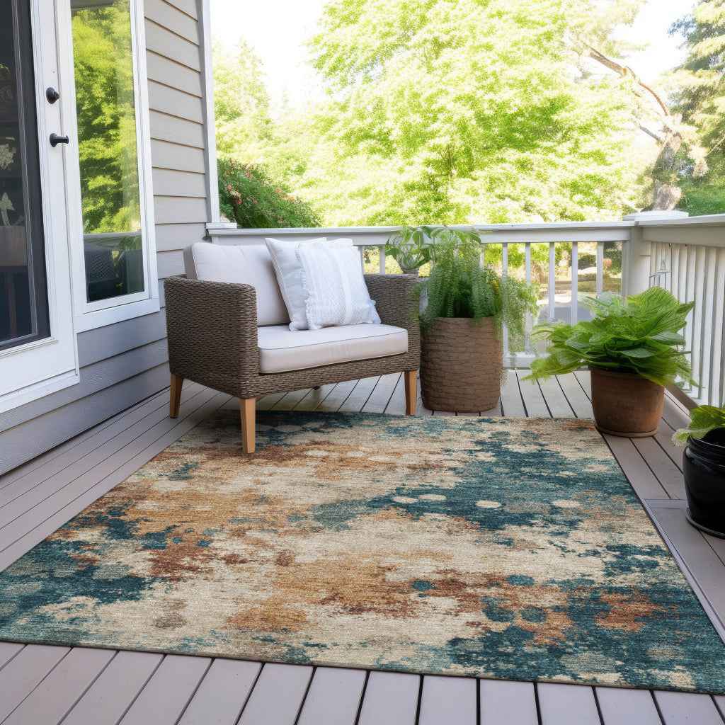 10' X 14' Beige And Teal Blue Abstract Washable Indoor Outdoor Area Rug