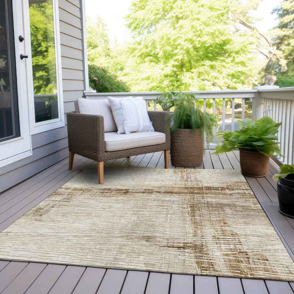 5' X 8' Ivory And Beige Striped Washable Indoor Outdoor Area Rug