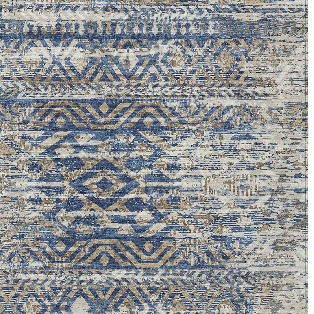 10' X 14' Blue And Beige Moroccan Washable Indoor Outdoor Area Rug