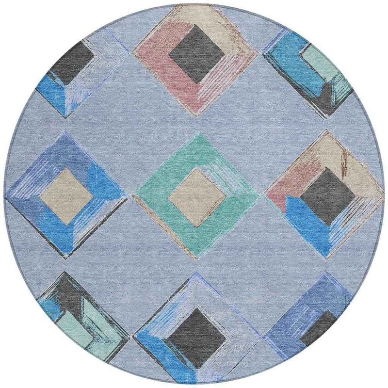 8' Denim Blue Mint Green And Gray Round Geometric Washable Indoor Outdoor Area Rug