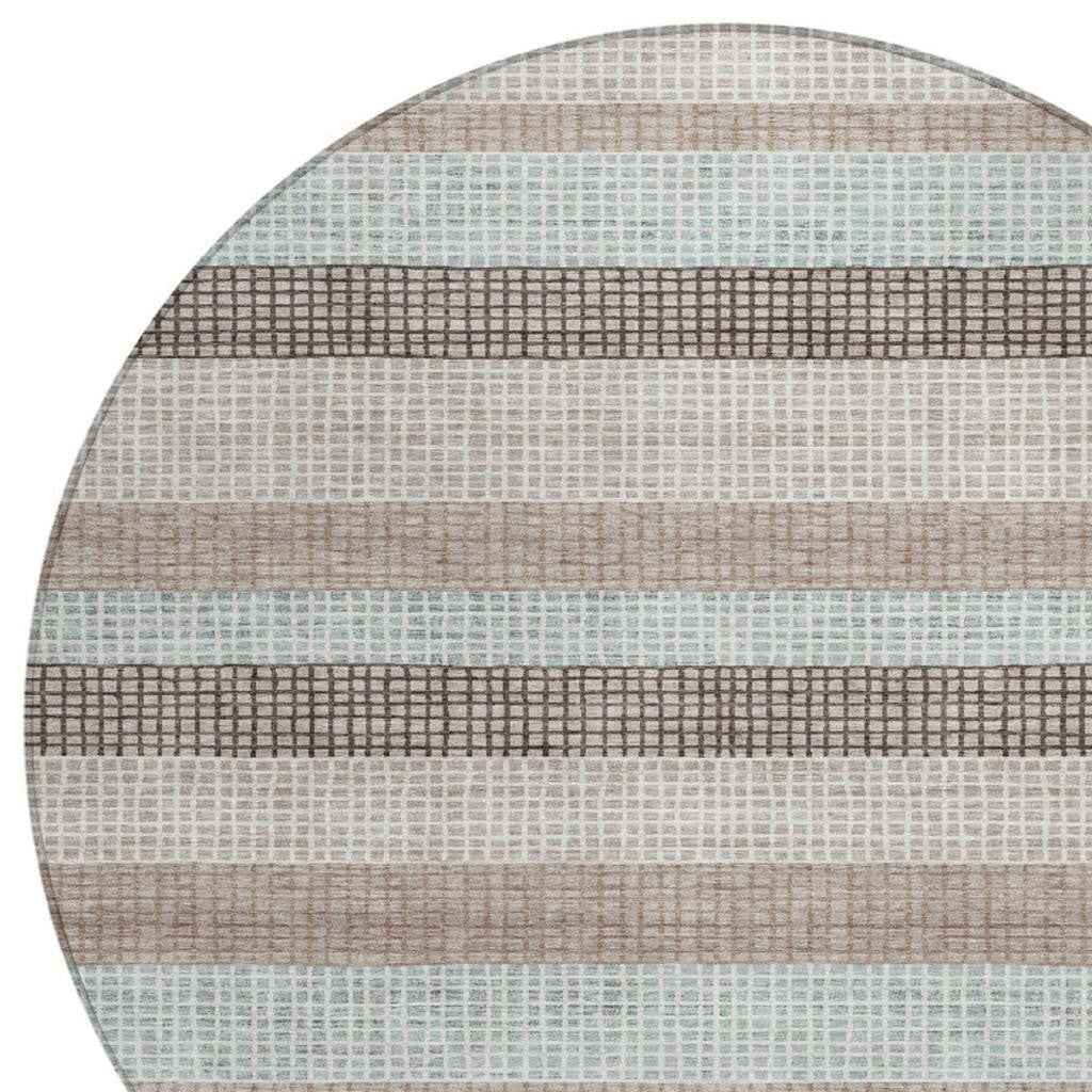 8' Taupe And Ivory Round Striped Washable Indoor Outdoor Area Rug