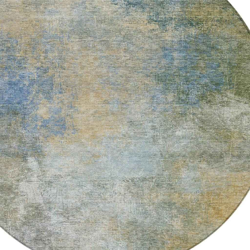 8' Khaki And Navy Blue Round Abstract Washable Indoor Outdoor Area Rug