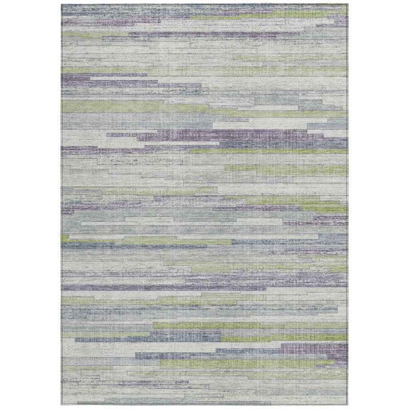 3' X 5' Artichoke Green And Plum Striped Washable Indoor Outdoor Area Rug