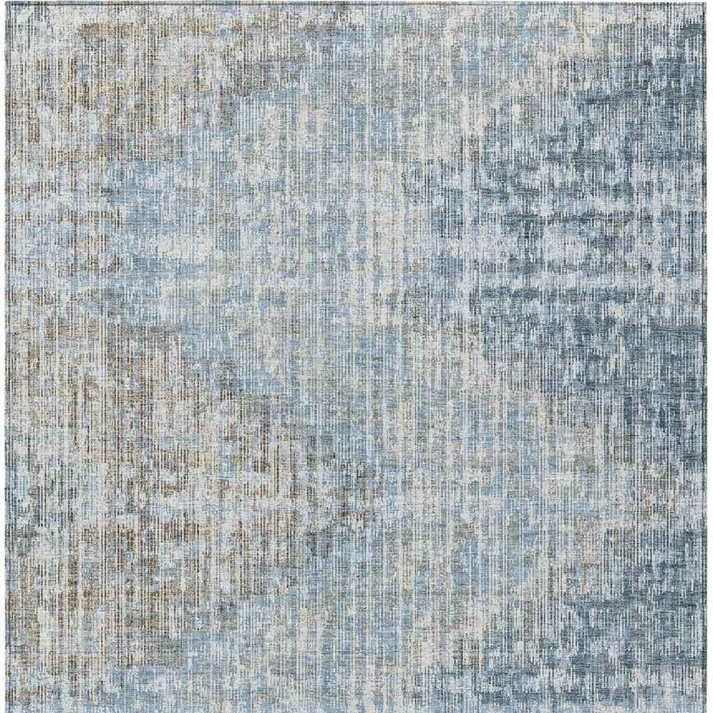 9' X 12' Denim Blue And Beige Geometric Washable Indoor Outdoor Area Rug