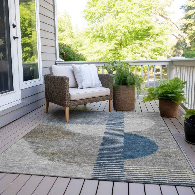 10' X 14' Denim Blue And Ivory Geometric Washable Indoor Outdoor Area Rug