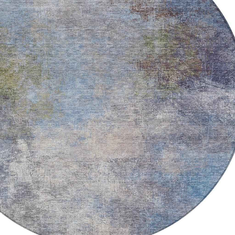 8' Denim Blue And Ivory Round Abstract Washable Indoor Outdoor Area Rug