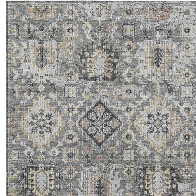 10' X 14' Gray And Copper Floral Medallion Washable Indoor Outdoor Area Rug