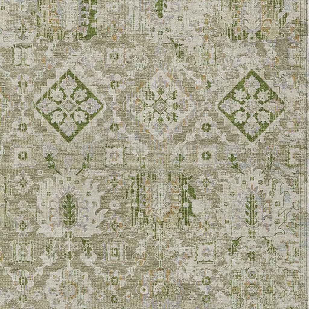 8' X 10' Fern Green And Beige Floral Medallion Washable Indoor Outdoor Area Rug