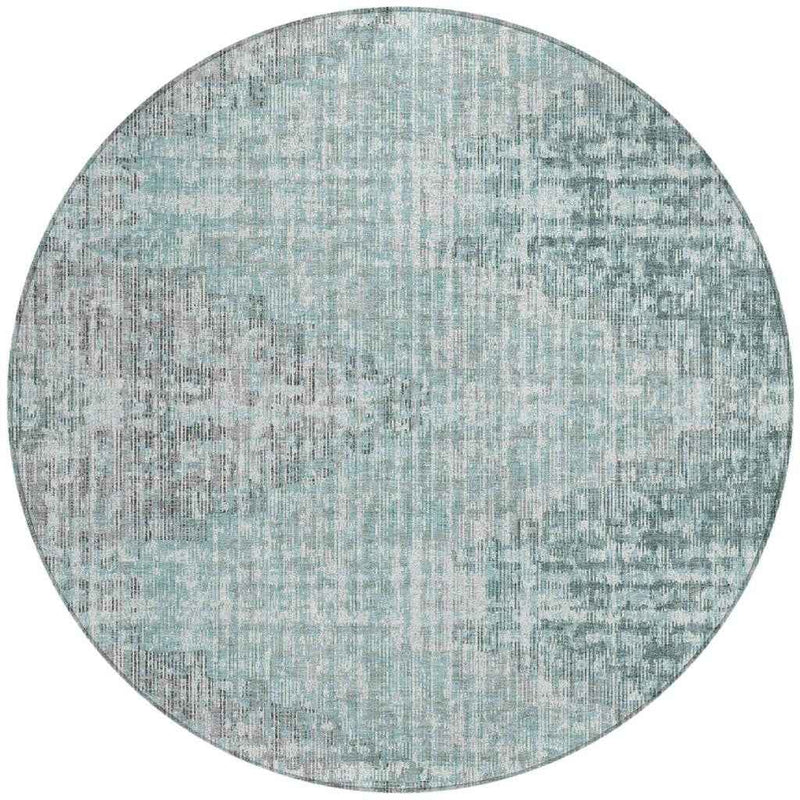 8' Teal Blue And Ivory Round Geometric Washable Indoor Outdoor Area Rug