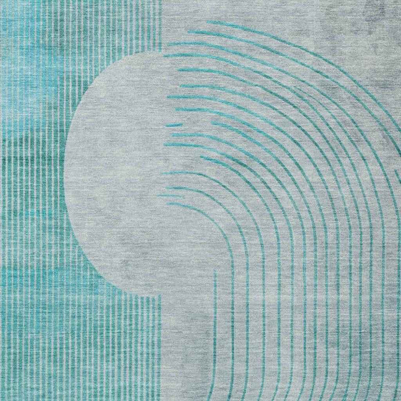 9' X 12' Teal Blue And Beige Geometric Washable Indoor Outdoor Area Rug