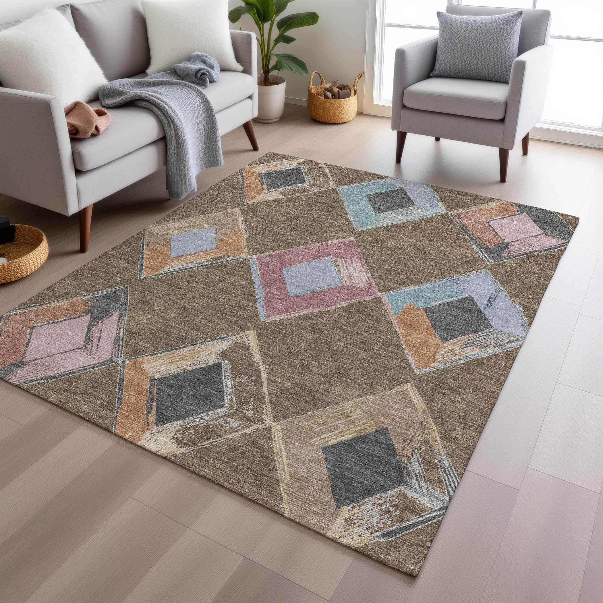 5' X 8' Brown Mauve And Charcoal Geometric Washable Indoor Outdoor Area Rug
